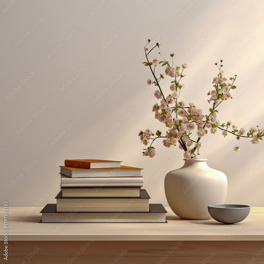 Elegant arrangement of books and flowers in a minimalist setting Elegant arrangement of books and flowers in a minimalist setting