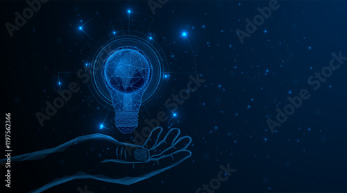 abstract hand holding electric light bulb or creative light bulb with a globe or world map inside. Global internet connection concept for business Advanced digital technology
