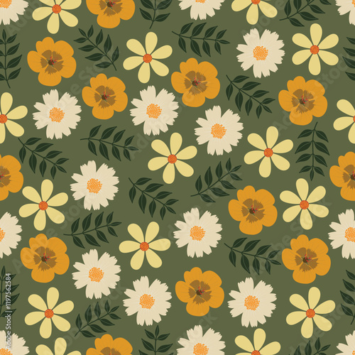 Floral seamless pattern. Stylized flowers and leaves foliage surface design