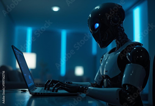 Sleek Grey Robotic Figure Engaging with Laptop