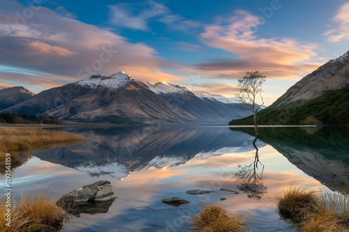 Serene lake landscape, lone tree in water, snow-capped mountains, vibrant sunset sky