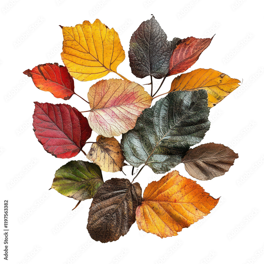 Obraz premium Colorful autumn leaves arranged with a transparent background highlight fall s vibrant hues and natural beauty, Autumnal Leaves A Harvest Fall Colors, transparent background.