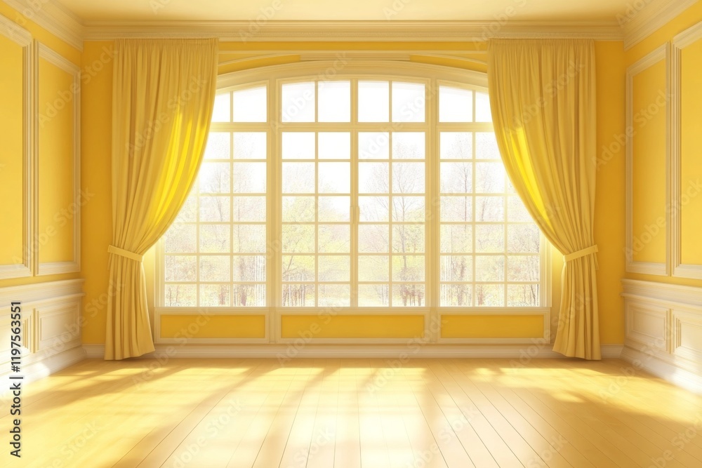 Obraz premium Vibrant yellow empty room design, ideal for presentations, showcasing a spacious and cheerful environment for various purposes