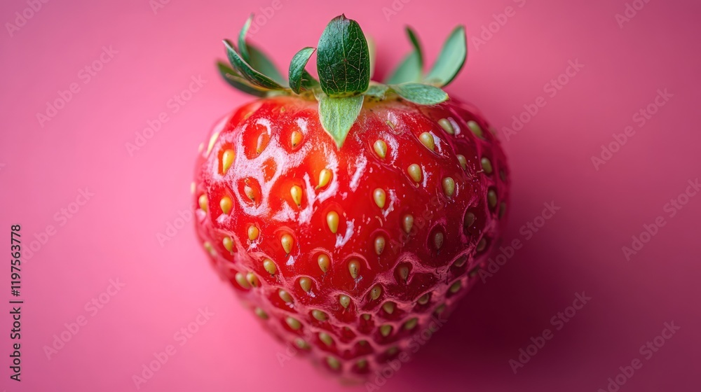 A single, ripe strawberry with green leaves sits on a pink background. A single, ripe strawberry with green leaves sits on a pink background.