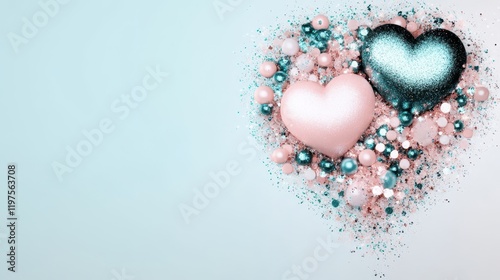Two shimmering hearts adorned with luminous pearls and sparkling glitter, embodying the essence of love and romance on Valentine's Day.