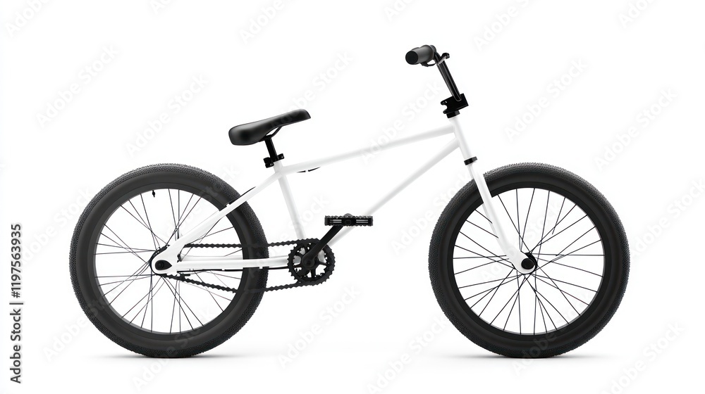 White BMX bike with black tires and components, studio shot.