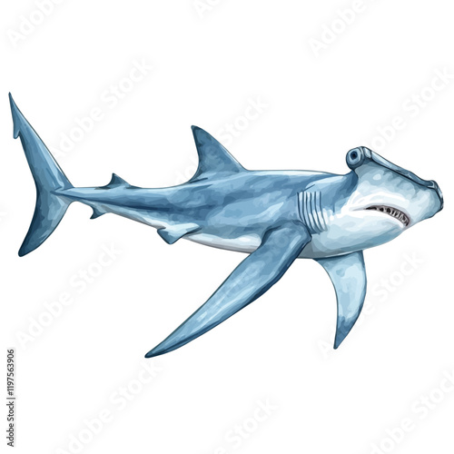A watercolor illustration of a hammerhead shark, isolated on a white background. Hammerhead shark vector.

