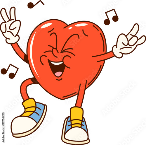 Groovy Valentine heart character. Saint Valentine holiday cute groovy character. Love party or romance day happy dancing heart 60s 70s funky vector personage or retro cartoon cheerful mascot