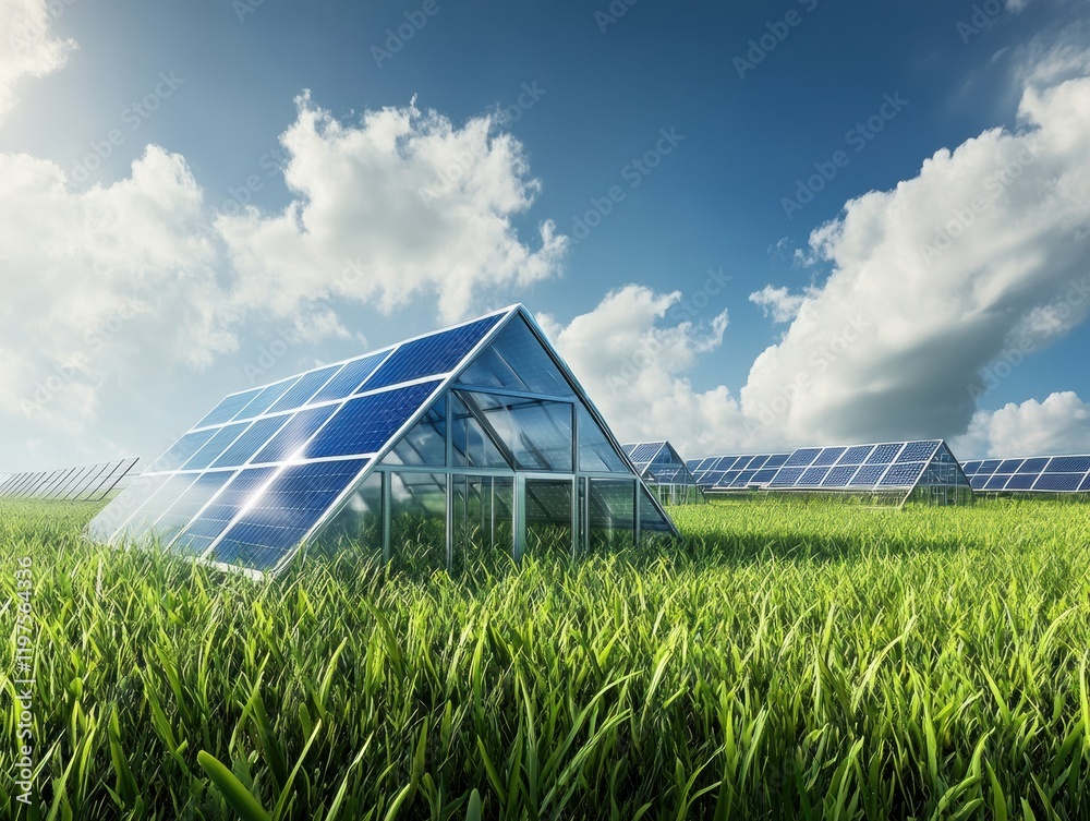 Expansive solar panels and greenhouse in lush green landscape under blue skies Expansive solar panels and greenhouse in lush green landscape under blue skies
