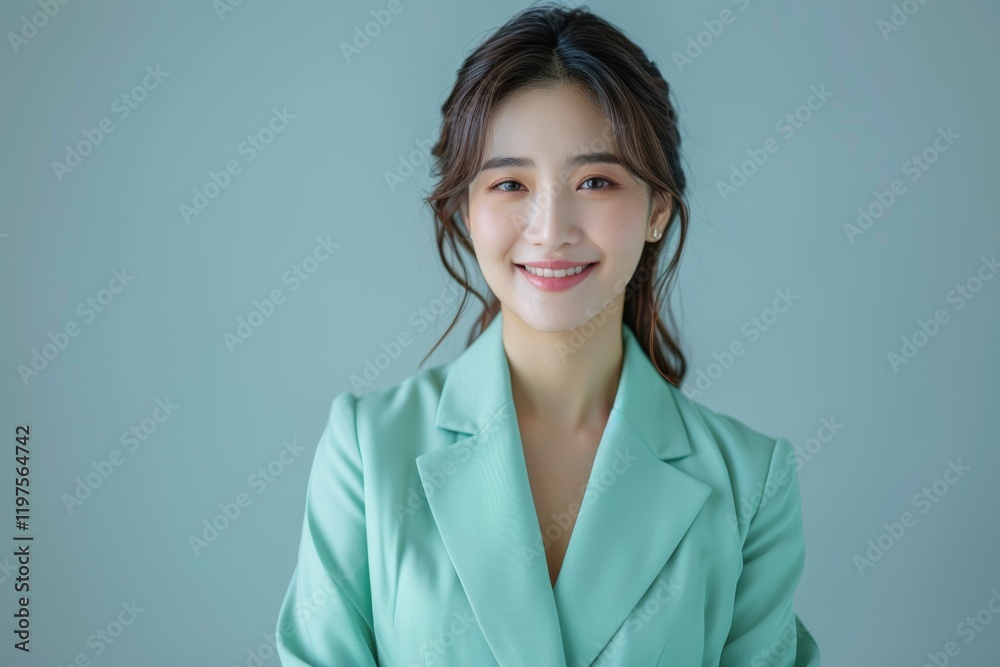 A Young Asian businesswoman in a pastel green suit poses confidently against a soft grey-green backdrop, embodying leadership and fashionable office attire, ideal for corporate use. A Young Asian businesswoman in a pastel green suit poses confidently against a soft grey-green backdrop, embodying leadership and fashionable office attire, ideal for corporate use.