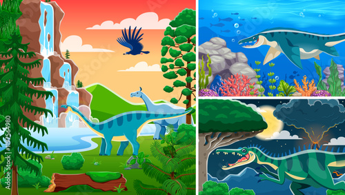 Prehistoric dinosaur characters collage with Jurassic lizards and reptiles, vector background. Kids prehistoric dinosaurs atlas or paleontology book cover with giant predators and underwater reptiles