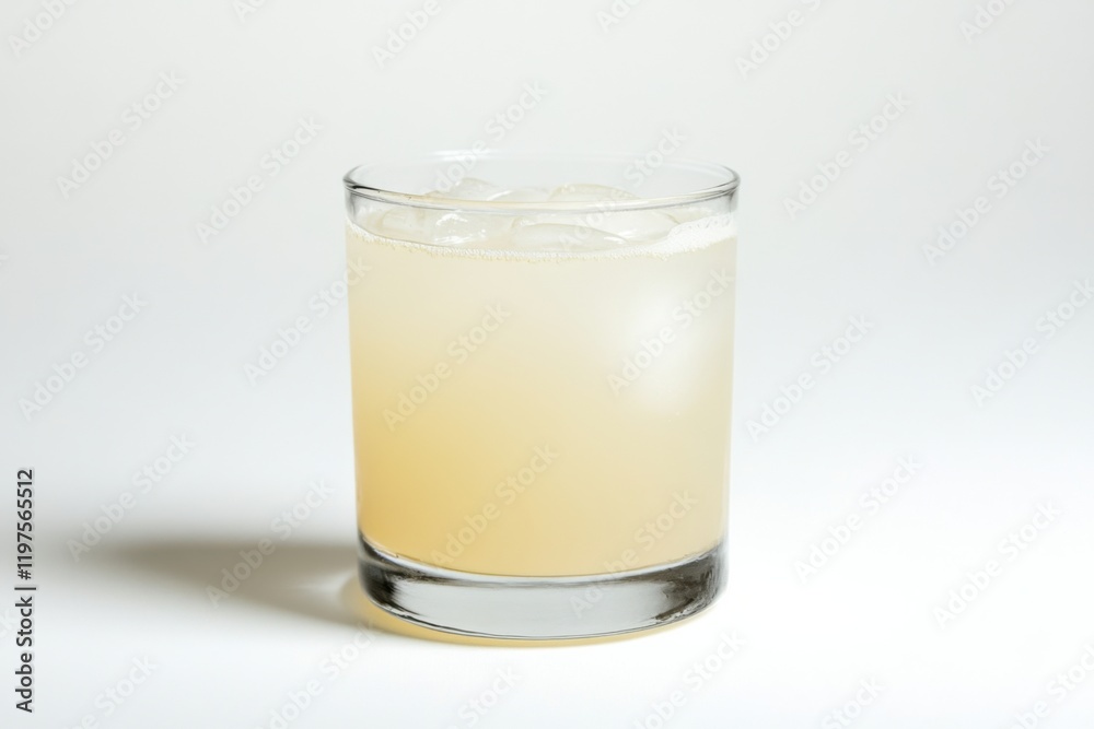 A clear glass contains a light-colored, refreshing lemonade with ice, set against a plain white background. A clear glass contains a light-colored, refreshing lemonade with ice, set against a plain white background.