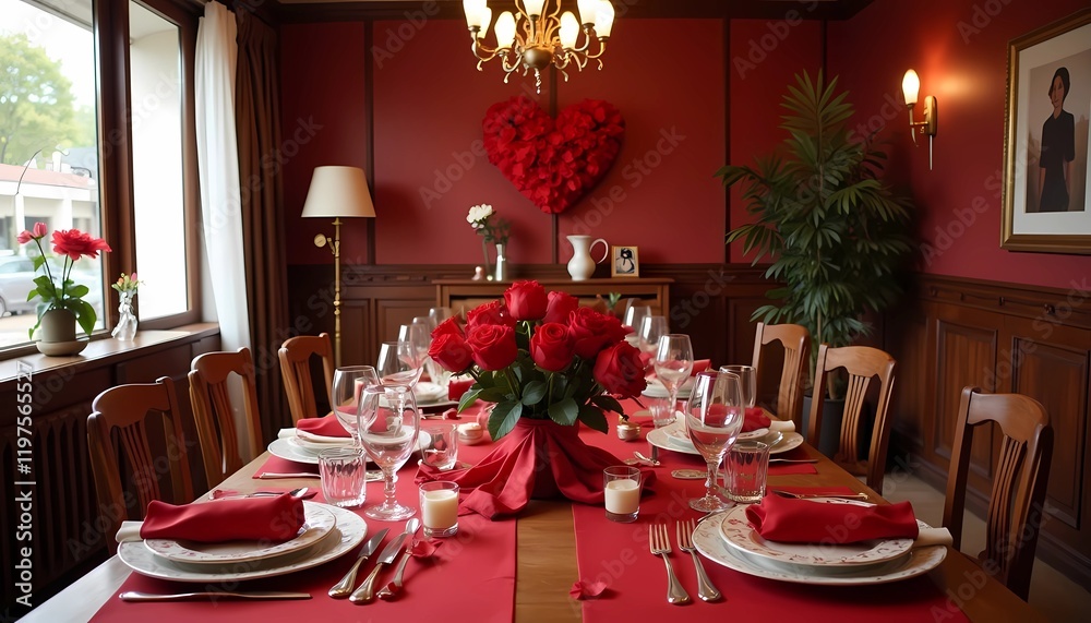 A dining table, rose flower decor on table, Valentine's Day concept with decorations background A dining table, rose flower decor on table, Valentine's Day concept with decorations background