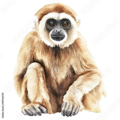 A watercolor painting of a gibbon, isolated on a white background. Gibbon vector.
