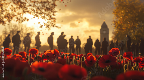 Armistice Day, a memorial park with poppies and people gathered in silence while paying their respects, Ai generated images. photo