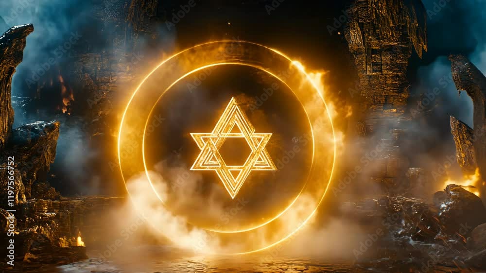 Mysterious glowing symbol inside a dark cave with fiery elements ...