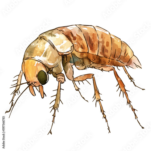A watercolor illustration of a flea, isolated on a white background. Flea vector.
