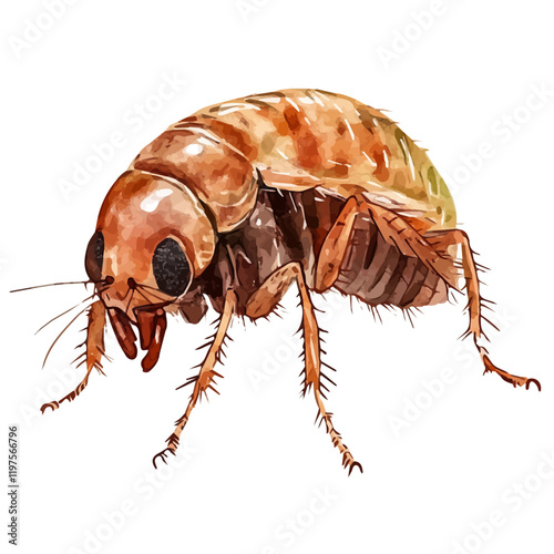 A watercolor illustration of a flea, isolated on a white background. Flea vector.
