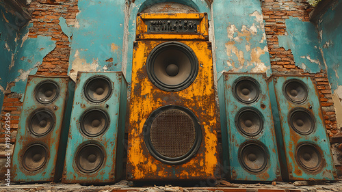 Old vintage speakers in dilapidated warehouse with peeling paint