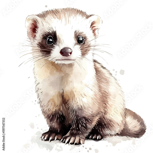 A watercolor illustration of a ferret, isolated on a white background. Ferret vector.

