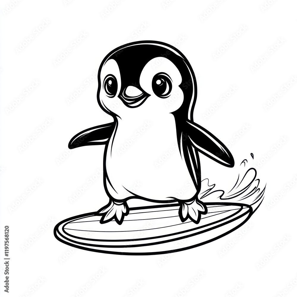 Obraz premium Happy penguin surfing ocean wave; children's book illustration