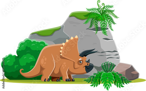 Triceratops Prehistoric dinosaur. Isolated cartoon vector herbivorous dino that lived during the late cretaceous period, stands at lush landscape with ferns and rocks, covered with moss and bushes