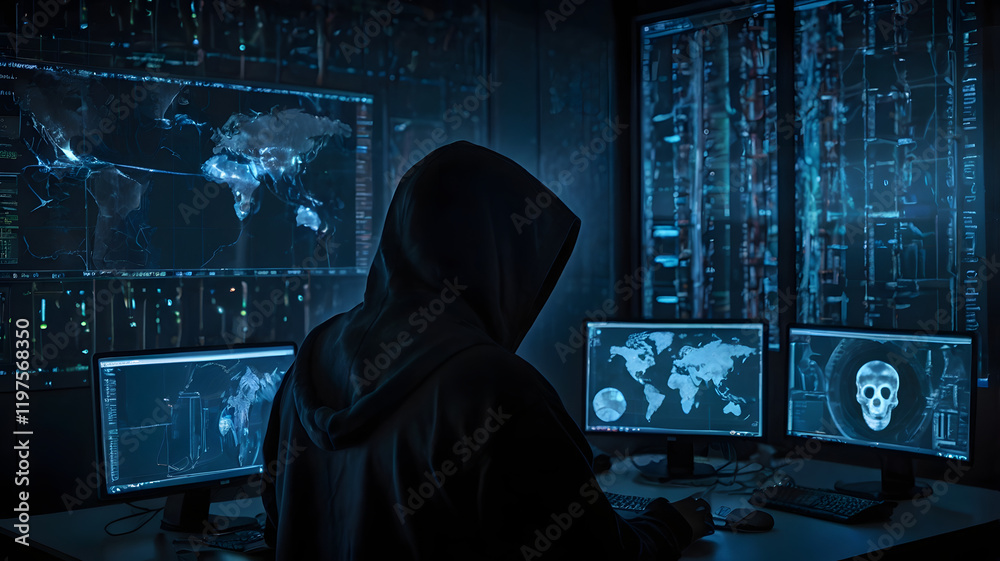 A hacker in a dimly lit room surrounded by multiple data-filled computer screens. A hacker in a dimly lit room surrounded by multiple data-filled computer screens.
