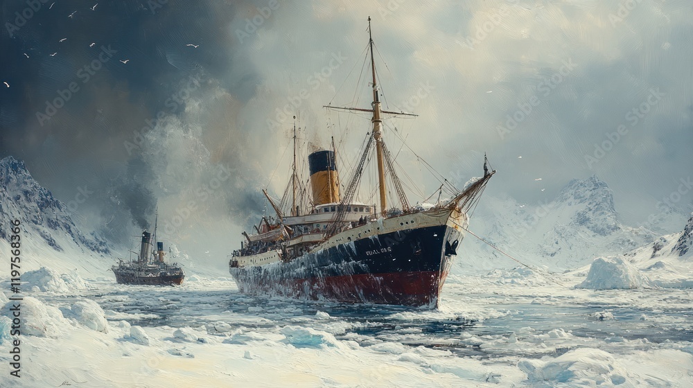 Fototapeta premium Polar Ice: Two Ships Navigating Frozen Waters