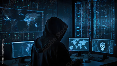 A hacker in a dimly lit room surrounded by multiple data-filled computer screens.
