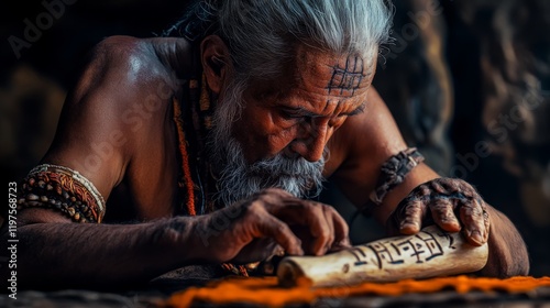 An ancient sage deeply focused on deciphering a scroll. His wisdom reflects through the intricate details of the scroll. Knowledge and tradition intertwine here. Generative AI photo