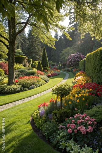 Curved flower garden path lined with hydrangeas and evergreen shrubs, idyllic backyard landscaping view