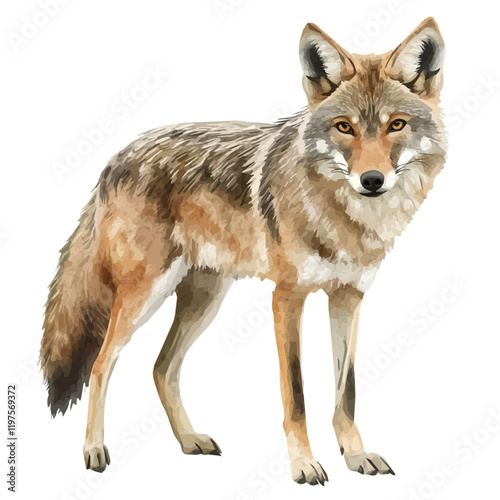 A watercolor clipart of a coyote, isolated on a white background. Coyote vector.
