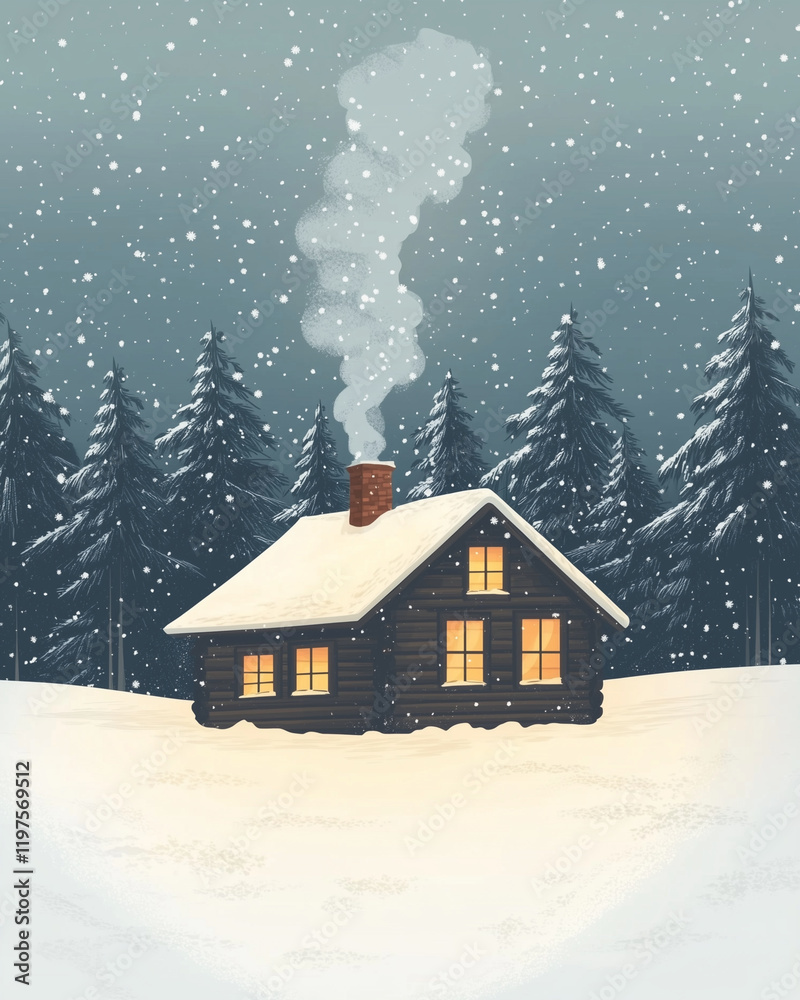 Fototapeta premium Cozy Winter Cabins with Snow-Covered Roofs and Warm Lights Illuminating Snowy Forests