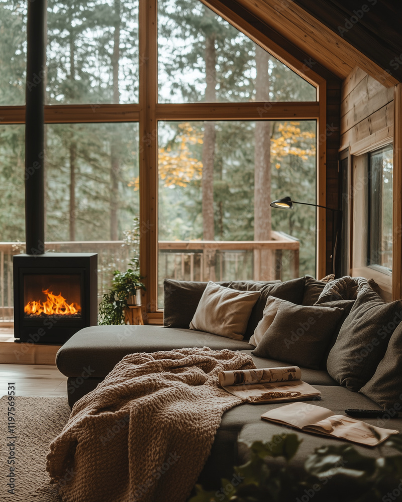 Fototapeta premium Cozy Living Rooms with Warm Fireplaces, Soft Blankets, and Serene Winter Views