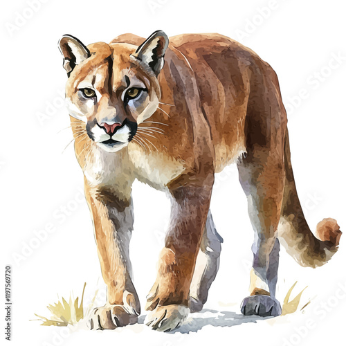 A watercolor of a cougar, isolated on a white background. Cougar vector.
