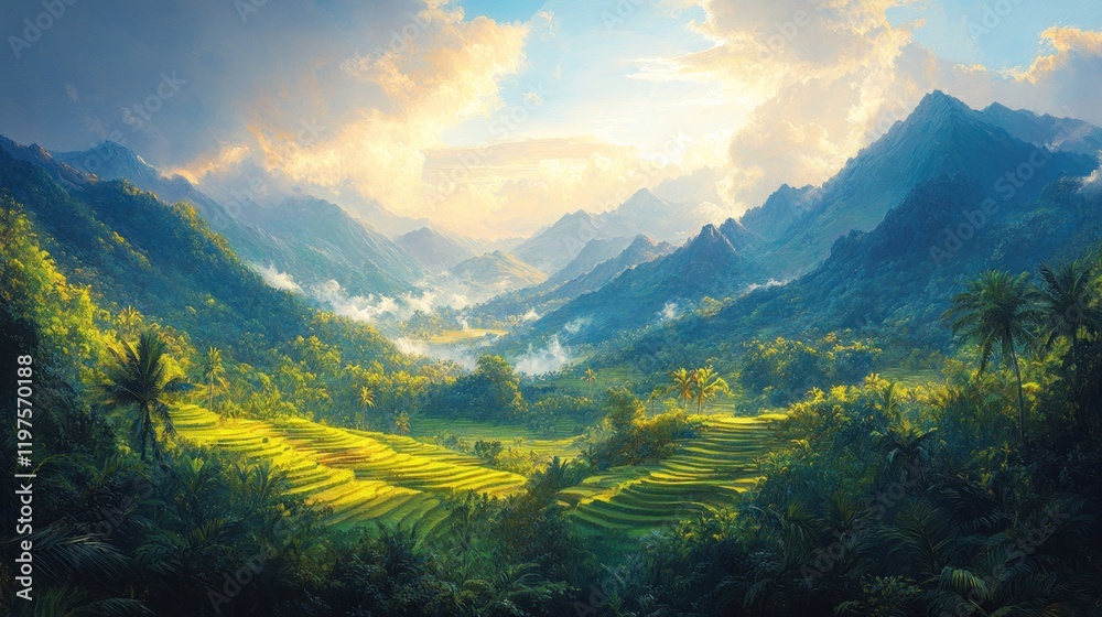 Fototapeta premium Sunlit mountain valley with rice terraces and lush greenery.