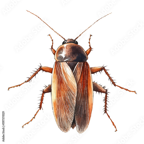 A watercolor of a cockroach, isolated on a white background. Cockroach vector.
