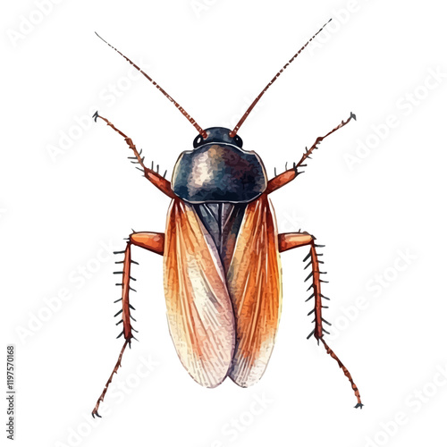 A watercolor of a cockroach, isolated on a white background. Cockroach vector.
