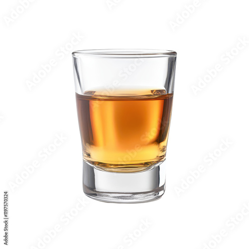 A clear shot glass filled with amber alcohol stands prominently against a clean transparent background, Alcohol in Shot Glass Isolated, transparent background.