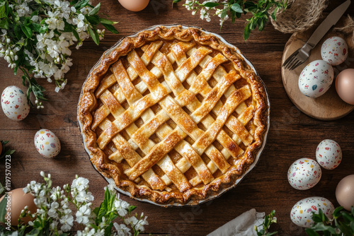 Pie with lattices and flowers on rustic wooden table, invitingly textured and baked to perfection. photo