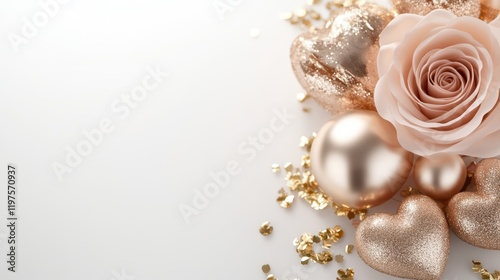 A delicate rose rests gracefully beside shimmering gold ornaments, creating a romantic ambiance on a pristine white surface, perfect for Valentine's Day.