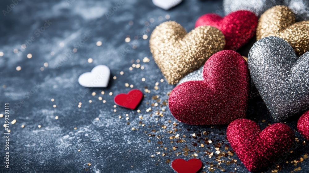 Obraz premium A romantic assortment of shimmering hearts sprinkled across a table, adorned with dazzling gold and silver glitter, perfect for celebrating love.