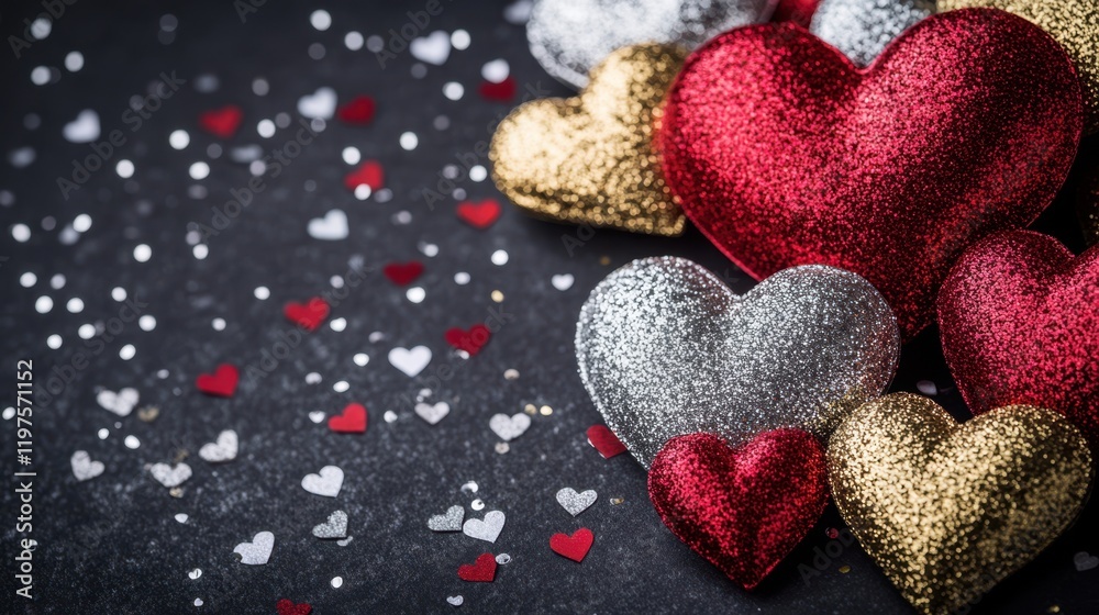 Fototapeta premium A stunning array of red and silver hearts beautifully scattered on a sleek black surface, creating a romantic and enchanting atmosphere for Valentine's Day.