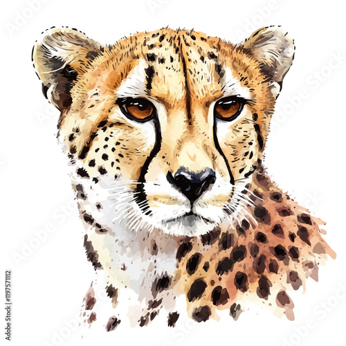 A watercolor of a cheetah, isolated on a white background. Cheetah vector.
