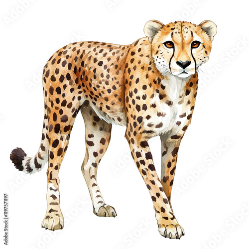 A watercolor of a cheetah, isolated on a white background. Cheetah vector.
