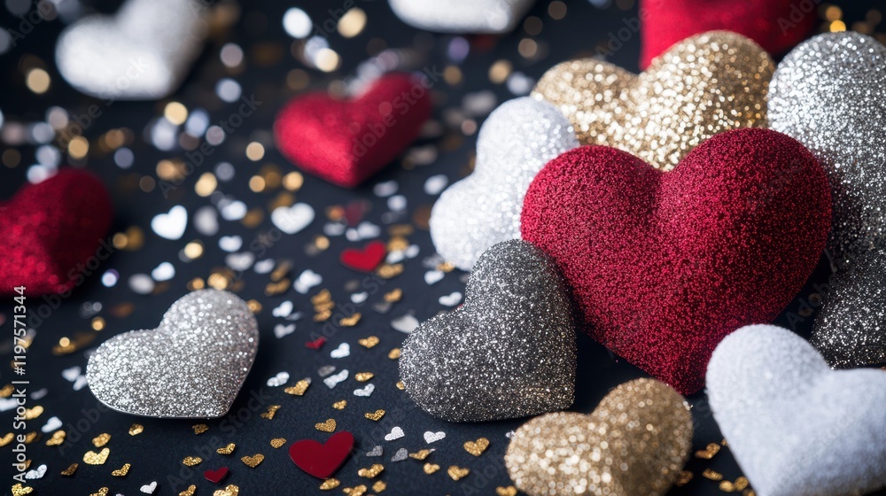 Obraz premium Delicate hearts dance on a dark canvas, surrounded by shimmering gold and silver confetti, creating a magical valentinesDay spectacle.