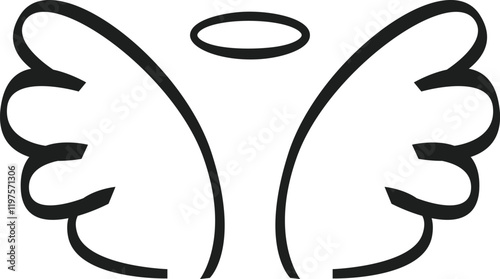 Simple black and white vector illustration featuring angel wings and a halo, representing divine presence, purity, innocence, and the journey of spiritual ascension