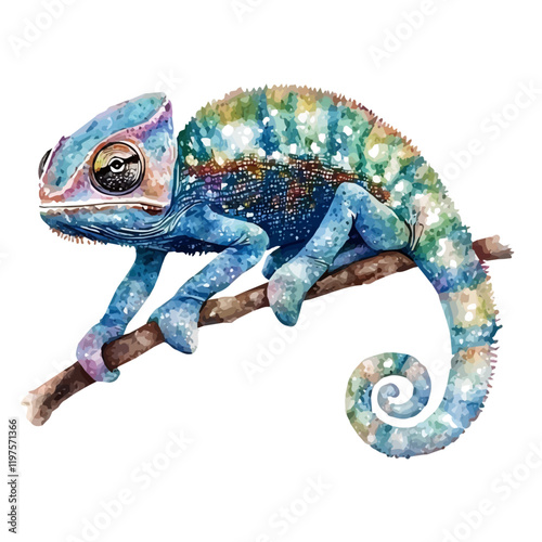 A watercolor painting of a chameleon, isolated on a white background. Chameleon vector.
