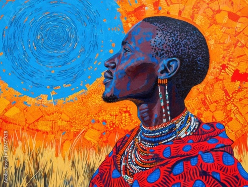 Vibrant portrait of a Maasai man against a colorful background at sunset