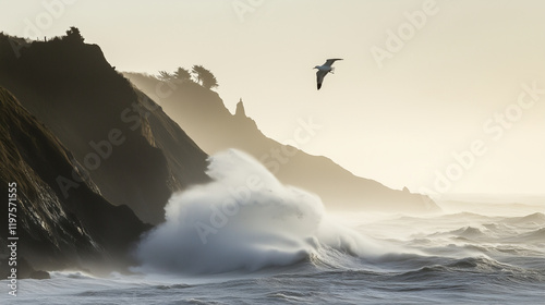 Majestic Coastal Cliffs with Crashing Waves and Soaring Seagulls in Scenic Ocean Views